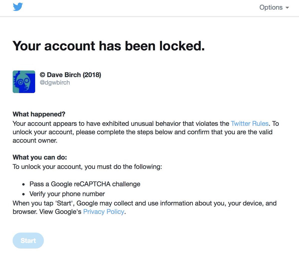 dgwbirch's tweet photo. Well, they let me back in with a warning to obey the rules, or something similar, Baffling. I can only surmise that not tweeting for 12 straight hours counts as "unusual behaviour" for me. https://t.co/PYg3PVVNwo
