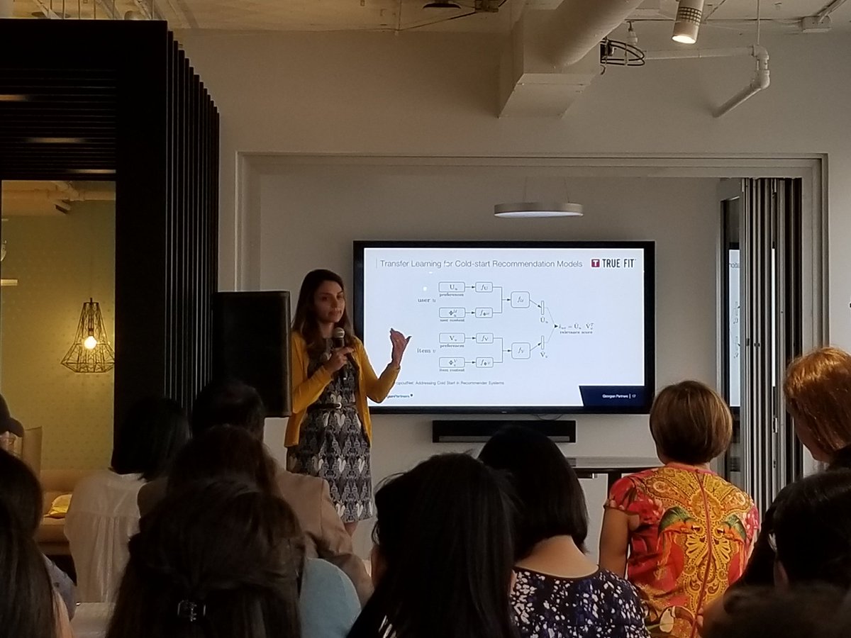 TWdatagroup's tweet photo. Tonight's #womensdatagroupTO event: @PariAIML talking about overcoming the cold-start problem for recommender systems. Thanks to our wonderful hosts @GeorgianPrtnrs! https://t.co/aCr8G9dzAR