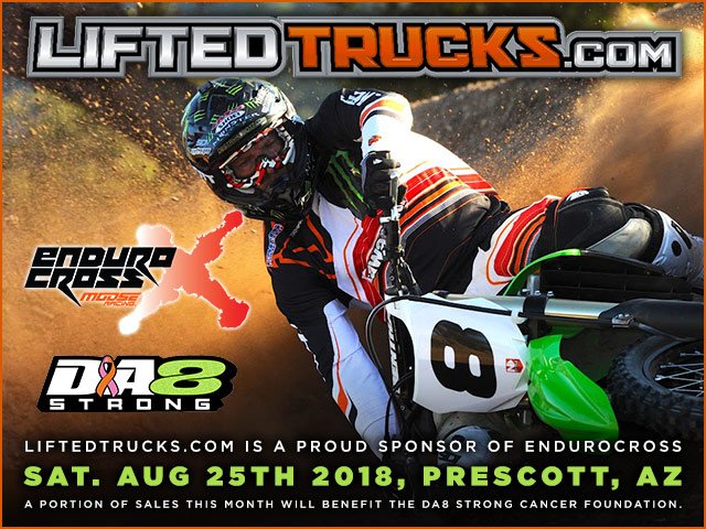 liftedtrucks's tweet photo. @liftedtrucksaz is a proud sponsor of #Endurocross, 8/25/18, Prescott Valley Event Center in AZ! A portion of sales this month will benefit the #DA8STRONG Cancer Foundation. πͺπβ€οΈ#giveback #liftedtrucks #motocross #motolife #trucklife #beattheheat #azsummer #moto #dieseltrucks https://t.co/ceFHWnY81M
