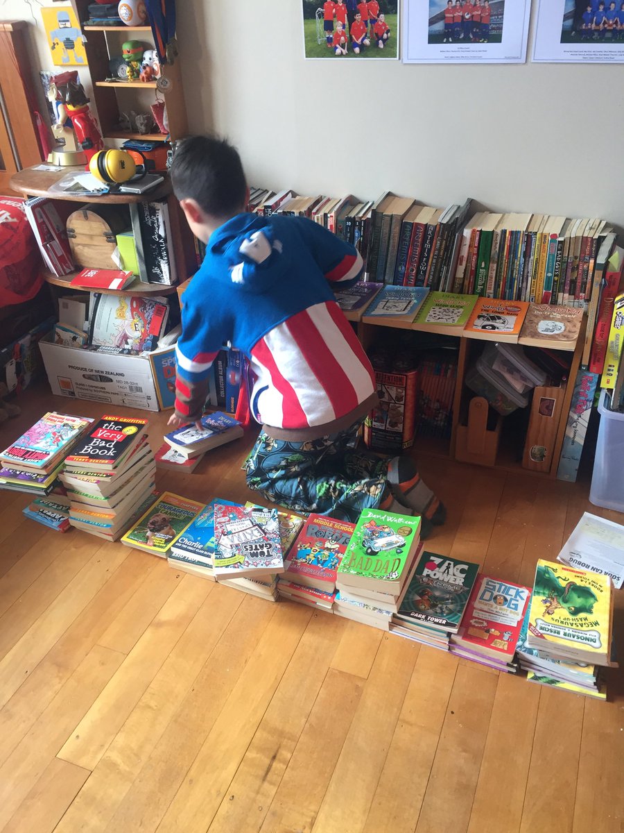 #TeacherStrike means young master in #Yoda PJs and #CaptainAmerica hoodie sorting his extensive #library. We’ve created a #reader thanks to amazing teachers!