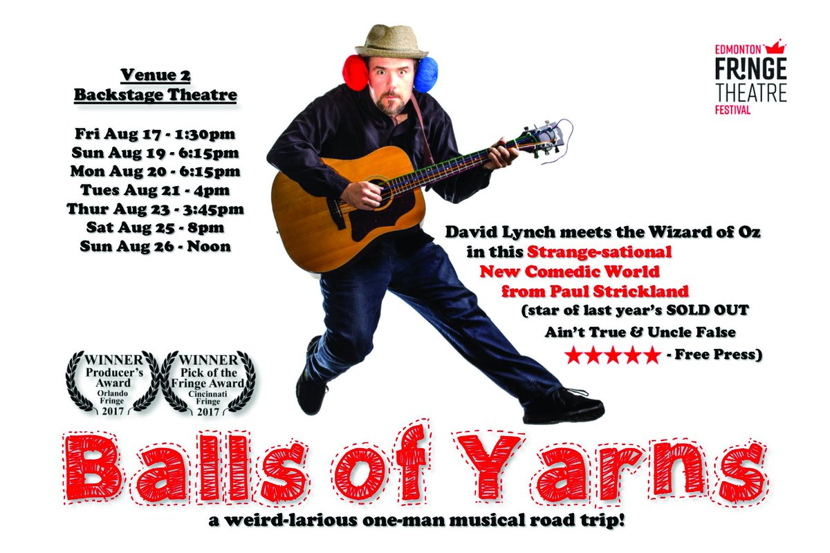 Balls of Yarns! Hilarious Tall Tales for the 21st Century! WINNER - Critic's Pick of the Fringe - Cincinnati Fringe. WINNER - Producer's Award - Orlando Fringe. ★★★★★ - Winnipeg Free Press 2018. Don't miss out! Get tix NOW: ow.ly/JVyd30lpapU #yegfringe