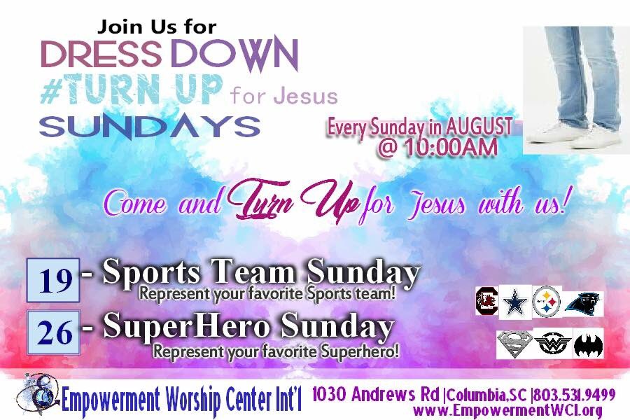 EWCIntl's tweet photo. #StayConnected w/ @EWCIntl 
Sat|Aug 18th-"Old Time Prayer Breakfast, Sun|Aug 19th at 10AM -Wear Your Fave Sports Team, Sun|Aug19th at 4PM- Global Empowerment Fellowship Service. #JoinUs #ColumbiaSC #SummervilleSC #OrangeburgSC https://t.co/xBw7ShO8hN