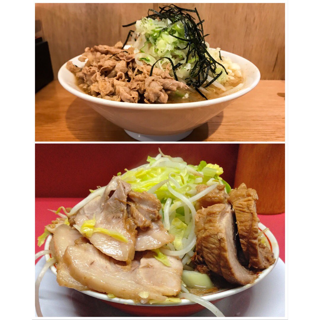 田中 貴 16年末に閉店した ラーメン二郎 大宮店 の店主が開いた 肉うどん さんすけ 名古屋へ 写真は 濃厚肉うどん と大宮二郎の 豚増しラーメン うどん出汁のほか豚骨スープや 焼豚などもあるが メニュー表記は全て うどん 普段は