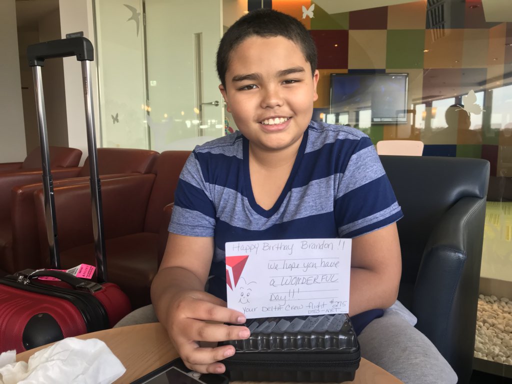 sathynie's tweet photo. @Delta Huge Thank you, @Delta Crew, flight #275 (especially to flight attendant, Tammy) for making my son Brandon’s birthday a very special one during our flight from Detroit to Narita on 13 August. You guys rock! We are #deltafamily @Delta https://t.co/yw3UvOB3F3