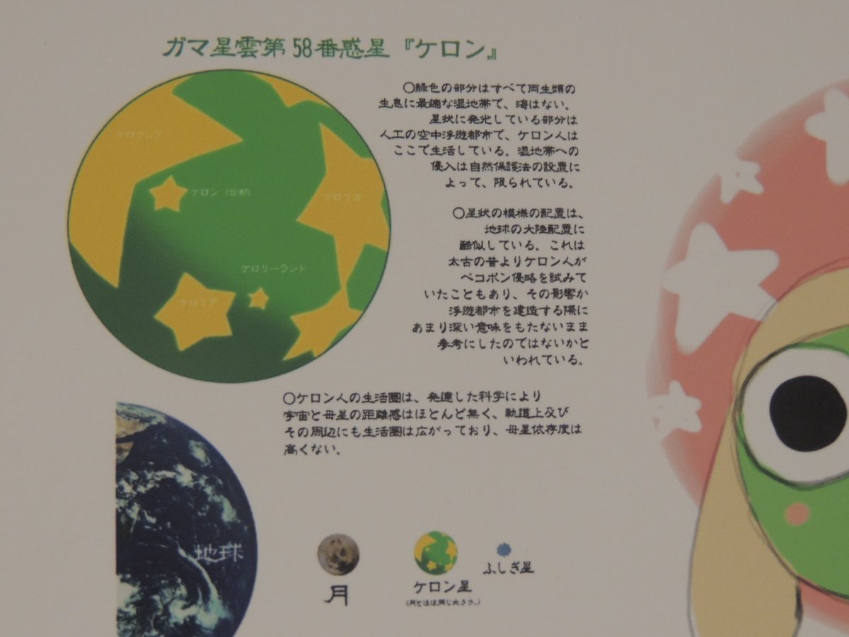 ゆうや鉄道 ケロロ展の展示 アニメ版のラフ 裏設定等 アニメから入った私にとってこの展示を見ると あぁこんな設定だったのかと感じるものばかりでした 中でもケロン星の設定が意外で黄色い星 の位置が地球と似ていたり ケロン星の大きさが月程度しか