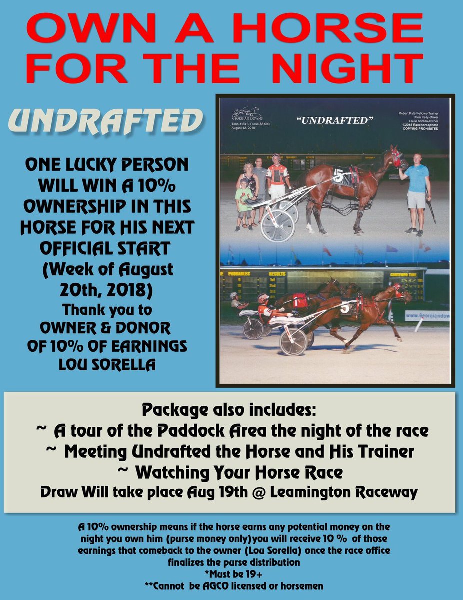 Come meet hall of fame announcer Roger Huston this Sunday, you also have chance to own 10% of a race horse for one race. Admission and parking is free as always, post time is 1:30pm! <a href="/ONTRacing/">Ontario Racing</a> @USHWACanada <a href="/TWEPI/">Tourism Windsor Essex</a> @OnThe42 <a href="/TweetLeamington/">Leamington</a> <a href="/oreogator/">Marty Adler</a> <a href="/TheMSOA/">Meadows Standardbred Owners Association</a> <a href="/LB_Jug/">The Little Brown Jug</a>