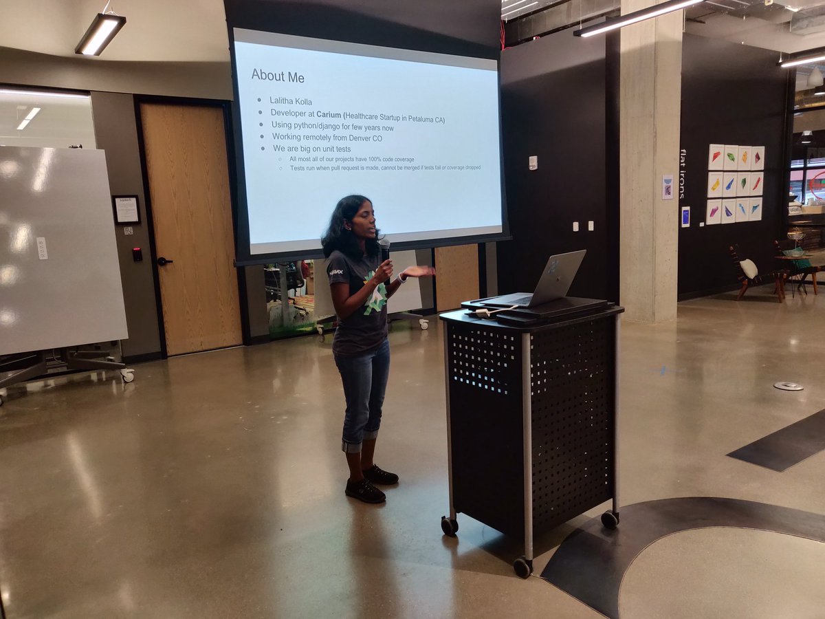 BoulderPython's tweet image. Here we go! Lalitha Kolla leads us off tonight with her talk on Testing and Mocks in #Python