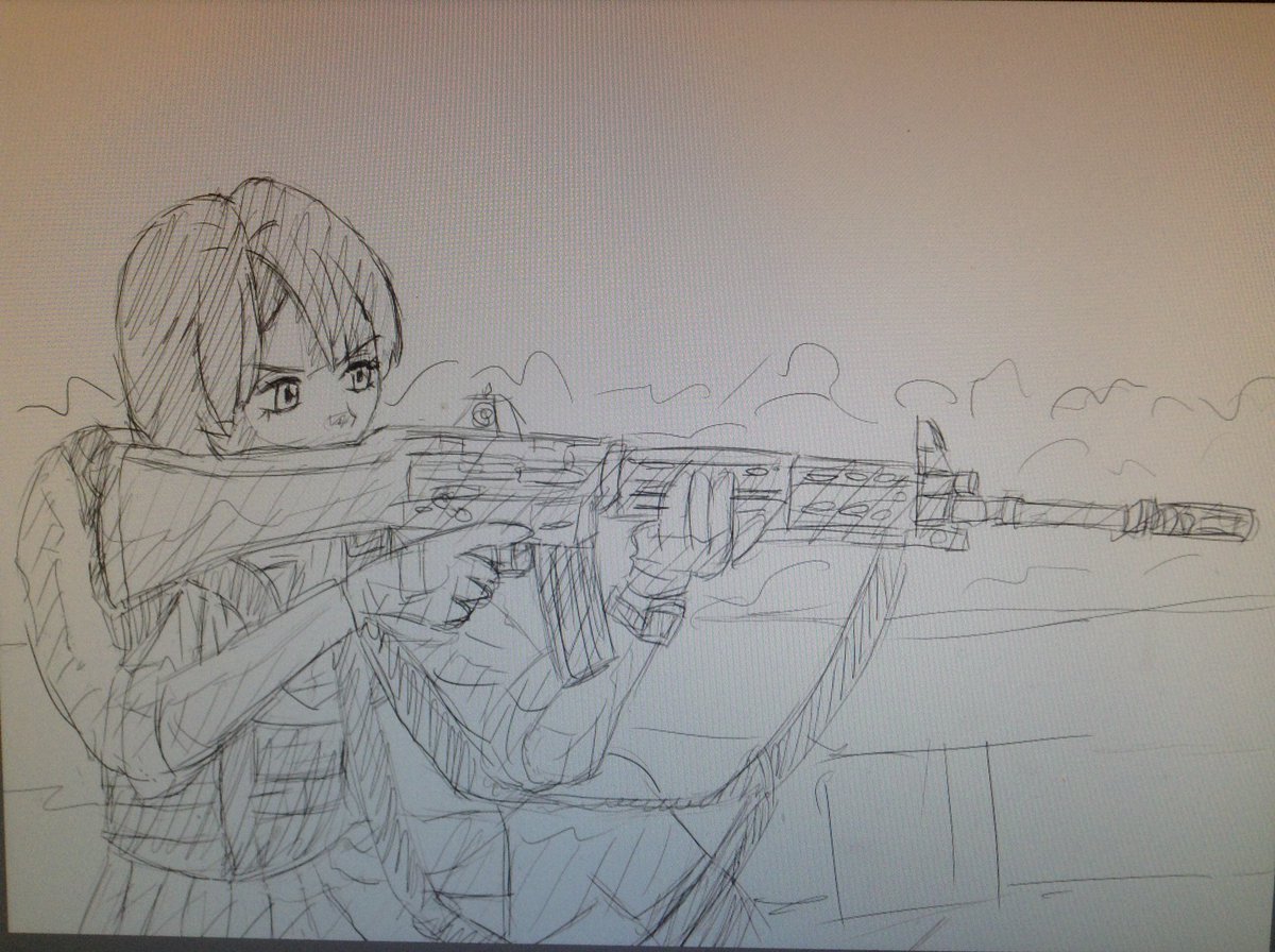 みけらん Twitterissa 鉄砲イラストの途中経過 ちゃんと肩付けして銃を構えてる構図ってほとんど描いてなかったので案外難しい