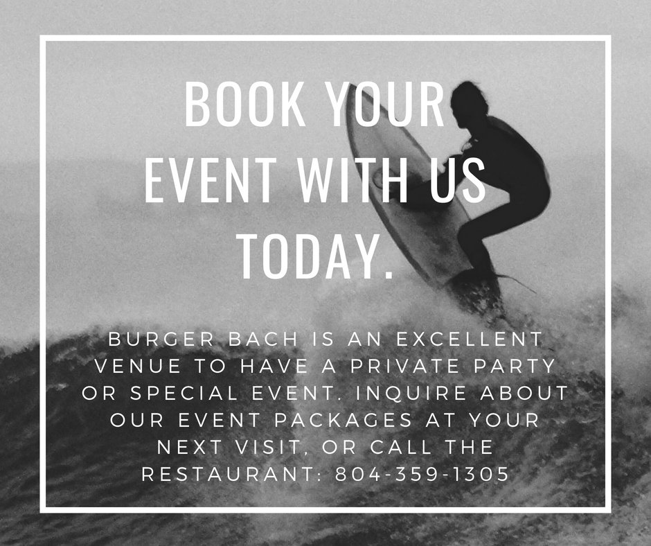 burgerbachCT's tweet photo. Since moving to 3426 W. Cary, we have a lot more room to host large groups. Burger Bach has a number of food and beverage packages, so if you need a venue to host a private event, consider us! https://t.co/Imx8hWBfyP