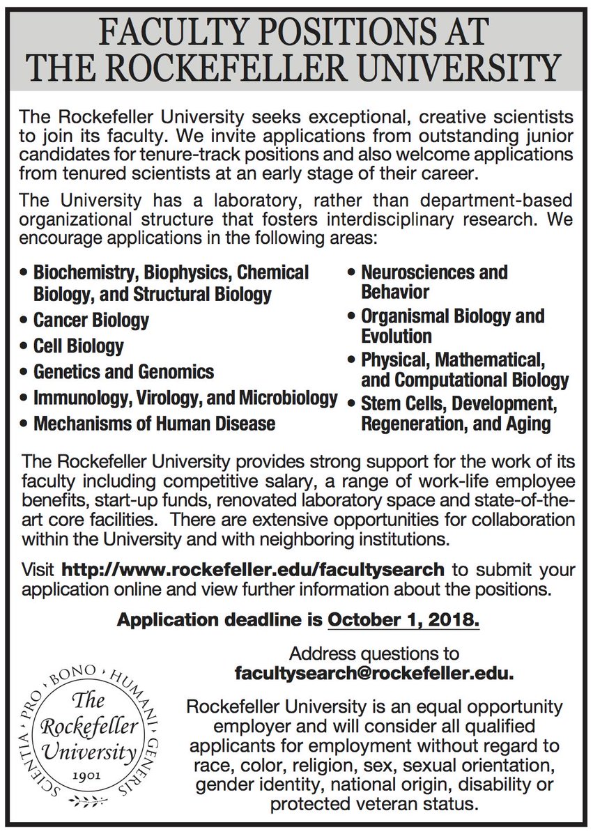 Paul Bieniasz (@paulbieniasz) on Twitter photo Delighted to announce the 2018 <a href="/RockefellerUniv/">Rockefeller University</a> Faculty Open Search, which I have the honor of chairing
Application portal open: August 15th (tomorrow) rockefeller.edu/our-scientistsā¦
Closing Date: October 1st
Spread the word and good luck! Delighted to announce the 2018 <a href="/RockefellerUniv/">Rockefeller University</a> Faculty Open Search, which I have the honor of chairing
Application portal open: August 15th (tomorrow) rockefeller.edu/our-scientistsā¦
Closing Date: October 1st
Spread the word and good luck!