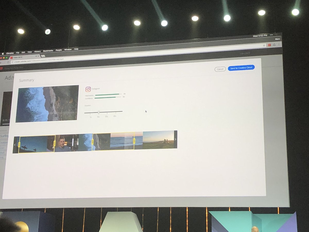missriss's tweet photo. Adobe sneaks - Video Ad AI to generate video metadata on the fly, edit the video and calculate the watchability score is pretty cool #adobesymp #sneaks #VideoAdAi https://t.co/57bQyIZ1EN