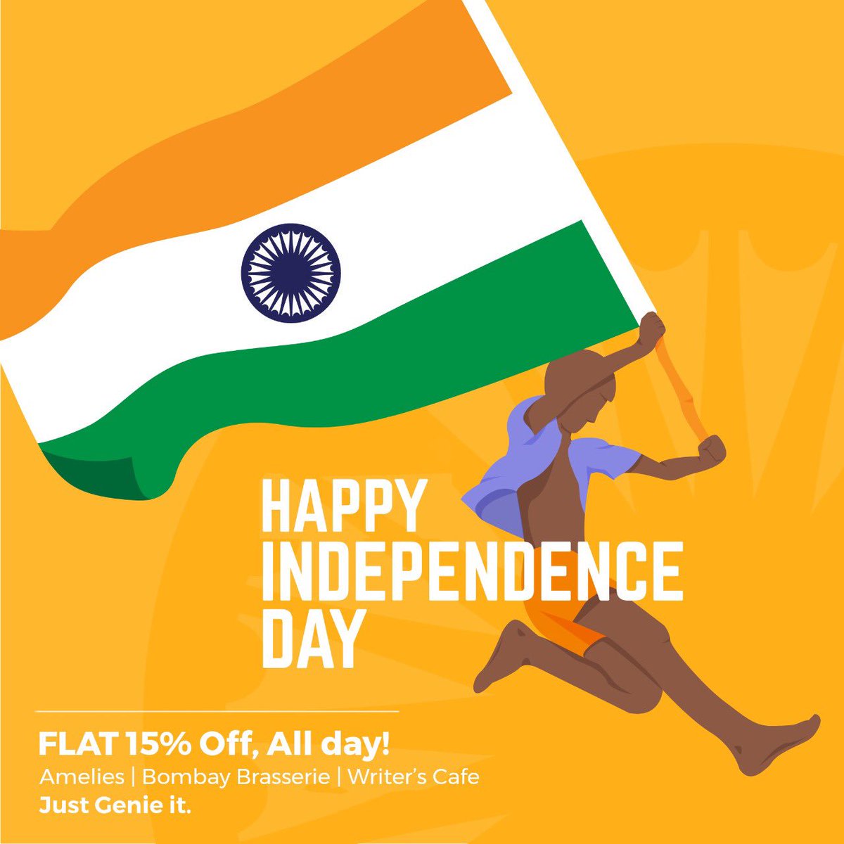 thehellogenie's tweet photo. Happy #IndependenceDayIndia! Of course, we do have some special deals today. Check out the Genie app for your lunch and dinner, today! #JustGenieIt #Chennai https://t.co/lQ2IIyEqoY
