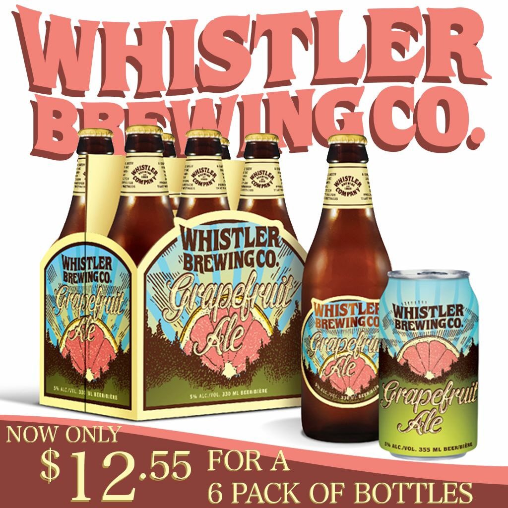 LrsWhiterock's tweet photo. Whistler Brewing Co's Grapefruit ale.
It’s a summer blonde with a twist – literally. Lightly hopped, with a clean citrus finish. It’s the perfect patio beer.
On sale now. Save $1 when you buy a 6 pack of bottles for only 12.55!
#WhistlerBrewingCo #GrapefruitAle #OnSale https://t.co/VpLY3jBBeE