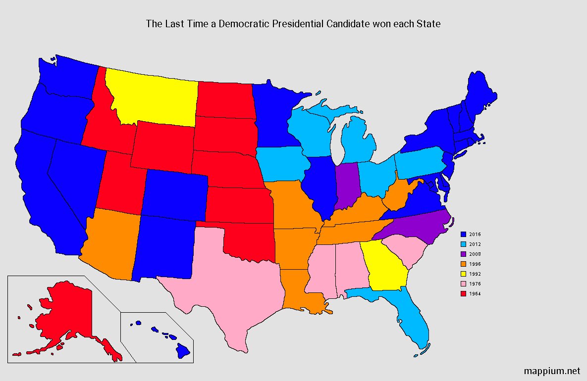 mappium's tweet photo. The Last Time the Democrats won each state for President #maps #mappium #politics #USPolitics #Democrats #2018Midterms #Presidential #geography #cartography #map #Democrat #DemocraticParty https://t.co/WmeIt4PBNc
