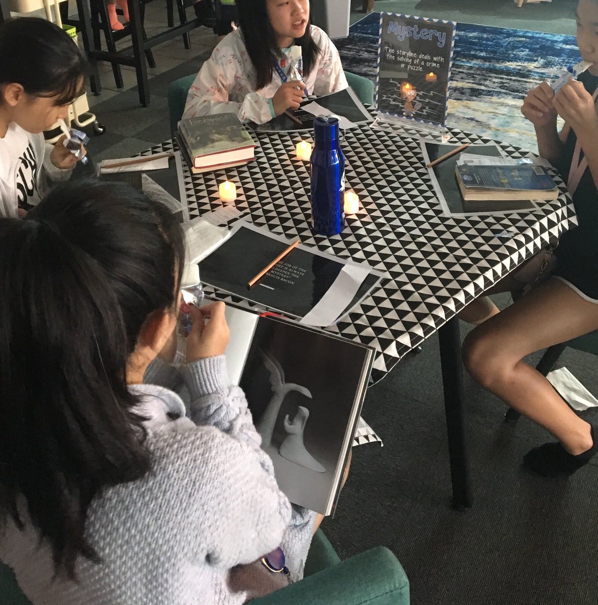 BSchroe's tweet photo. G6 getting a “taste” of new genres and expanding their reading interests while sharing with classmates and having fun at the first ever G6 book-tasting. #learnISB #ISBreads https://t.co/7pVe6Wec32