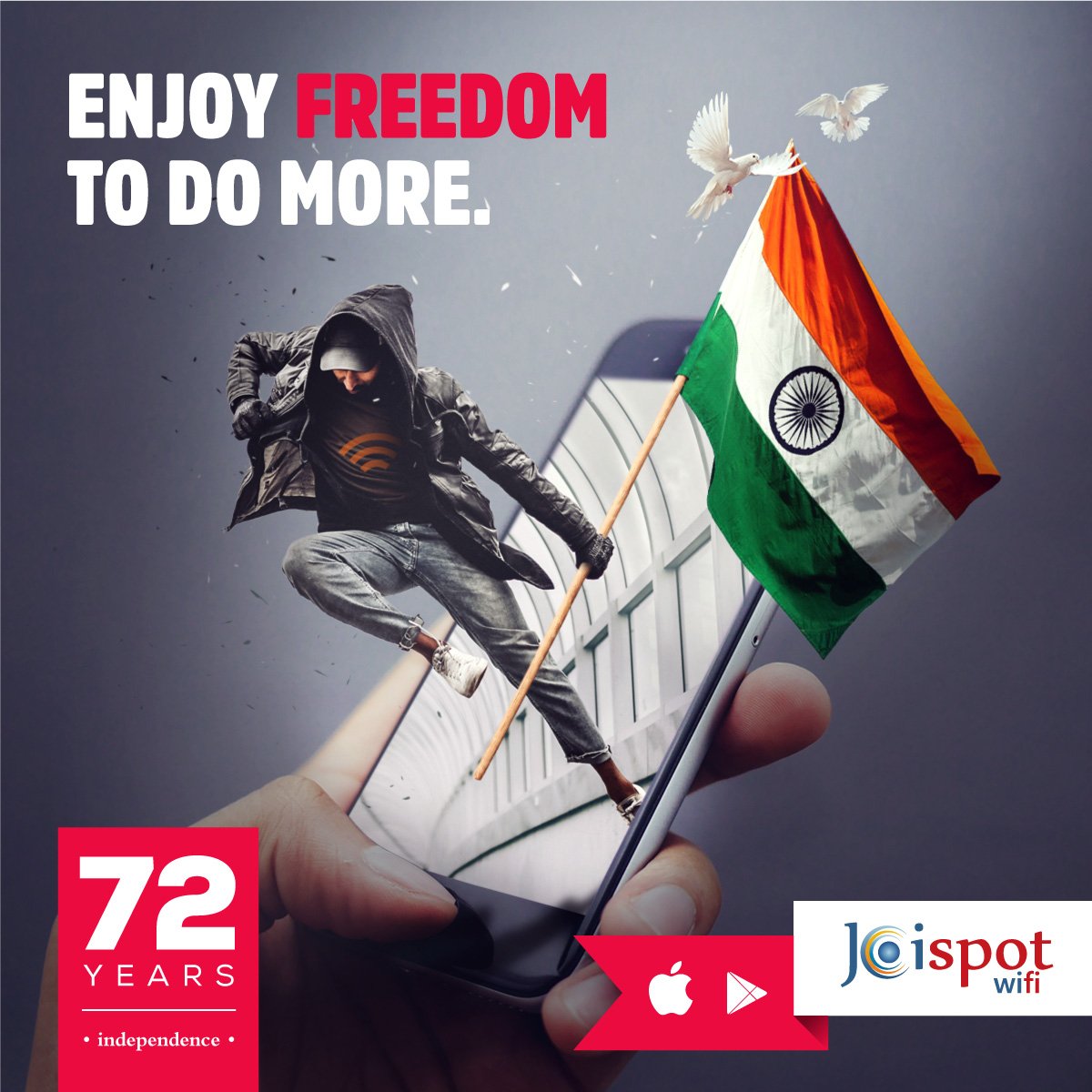 JoispotWifi's tweet photo. Celebrating 72 glorious years of India’s #Independence with the #freedom of #UnlimitedInternet
Joispot wishes everyone #HappyIndependenceDay2018
Download #App today: https://t.co/nincMKdziZ

#Joispot #Freedomfromdatapackages #Freespirits #Sayhitofreewifi #ConnectingMaharashtra https://t.co/zAkCPbhVfk