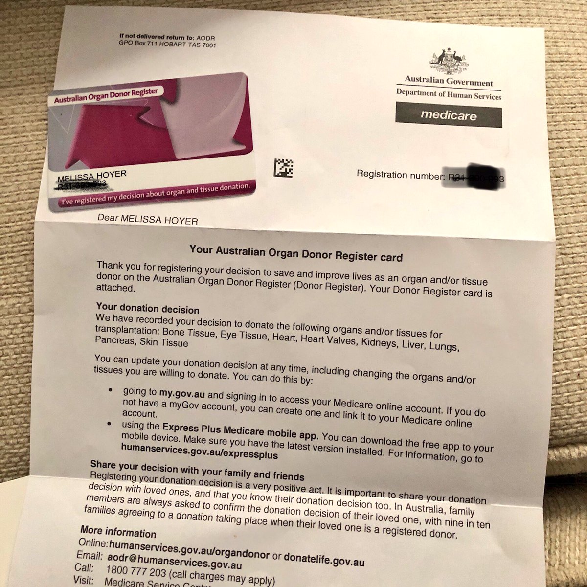 It literally took me 30 seconds to sign up for this the other week – so I am now officially an organ donor: if needed. We ran a big campaign on <a href="/newscomauHQ/">news.com.au</a> - called #donatelife 
The email to donate is on this letter I just noticed - so u may like to do the same thing ❤️🙏🏻