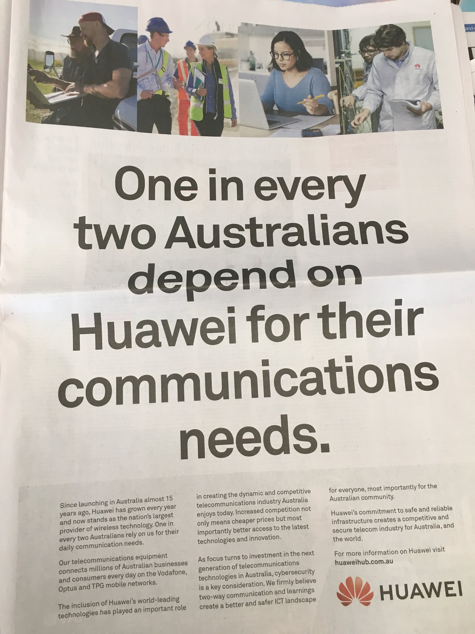 Louisa Lim on Twitter: "Huawei going big in Australian newspapers w page ads today in the broadsheets https://t.co/ve8PIAbsXx" Twitter