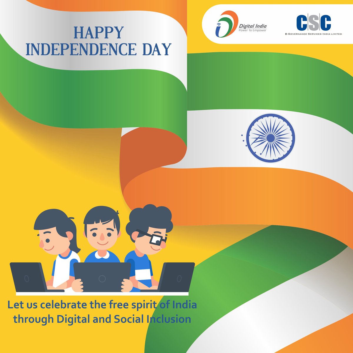 CSCegov_'s tweet photo. CSC SPV wishes you all a very happy Independence Day! Let us celebrate the free spirit of India through digital and social inclusion. https://t.co/lcXRTMLCWe