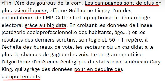 Soyons plus précis que l'extrait ci-dessus d'un article de l'Express avec cet extrait d'un article de Capital.Trivialement, c'est pour savoir le pourcentage de chance d'avoir un retour positif sur votre démarchage en porte-à-porte. https://www.capital.fr/votre-carriere/lmp-la-start-up-qui-a-aide-macron-a-gagner-1223507