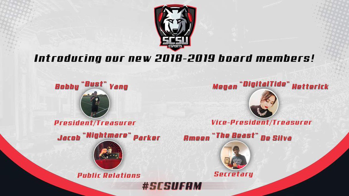 We would like to announce our new 2018-2019 eSports and Gaming Club Board members!

@Bust_BL - President/Treasurer
<a href="/megankiim/">ArLi.eth</a> - Vice-President/Treasurer
<a href="/stcldNightmare/">Nìghtmãre</a> - Public Relations
Asanka De Silva - Secretary

We look forward to having a great year!

#SCSUFam