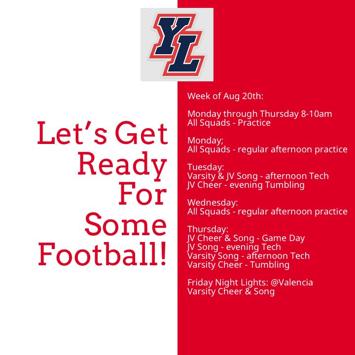 YLHSCheerSong's tweet photo. 🎶💙❤️📣 Back Together for Cheer &amp; Song Squads! 📣❤️💙🎶 Practice Schedule For Next Week! https://t.co/vITW8qg3J8
