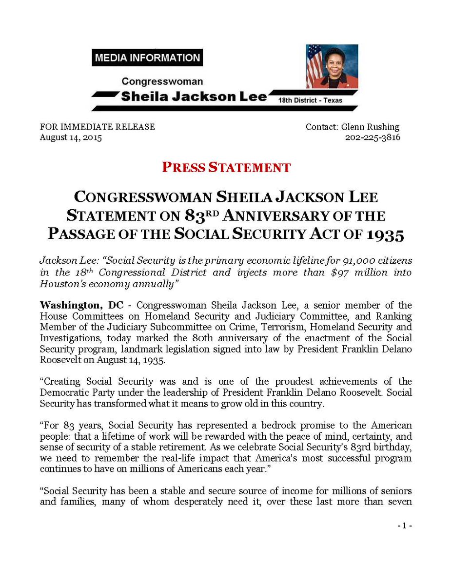 JacksonLeeTX18's tweet photo. Happy Birthday! For 83 years, Social Security has represented a bedrock promise to the American people that a lifetime of work will be rewarded with peace of mind, certainty, and security of a stable retirement. #TruthAboutSocialSecurity @HouseDemocrats #SocSec83 My statement: https://t.co/lYVlluaJZm