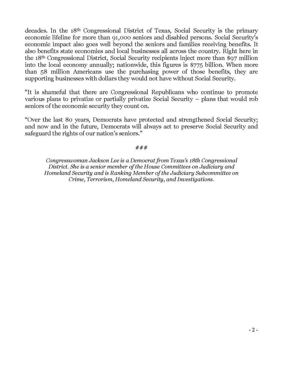 JacksonLeeTX18's tweet photo. Happy Birthday! For 83 years, Social Security has represented a bedrock promise to the American people that a lifetime of work will be rewarded with peace of mind, certainty, and security of a stable retirement. #TruthAboutSocialSecurity @HouseDemocrats #SocSec83 My statement: https://t.co/lYVlluaJZm