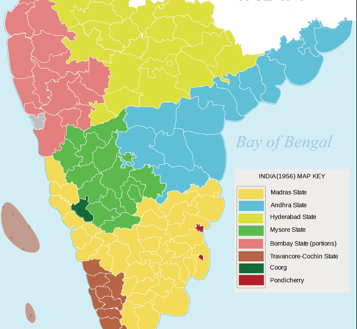 11. Madras was not just bilingual but had all four big dravidian languages. In 1956 it shrunk giving up portions of itself to Andhra, Karnataka and Kerala. In 1969 it was renamed for what it was: Tamil Nadu.
