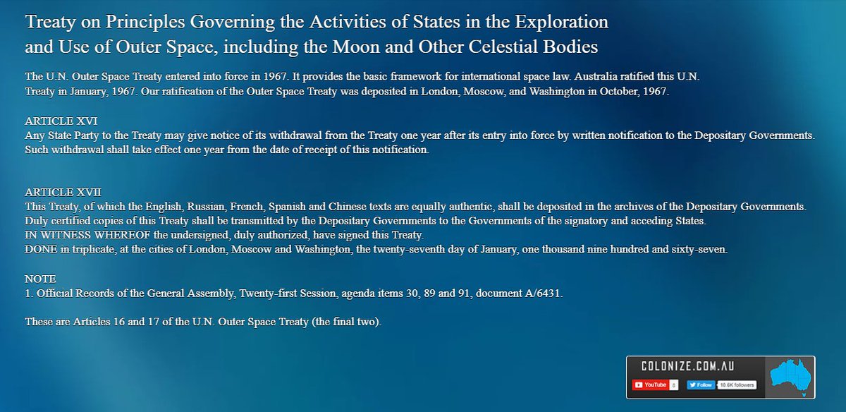 writerinsight's tweet photo. International Space Law: Articles 16 and 17 of the U.N. Outer Space Treaty
@UN #UN #auspol #qldpol @DeptDefence @LiberalAus @AustralianLabor #Colonize @colonizeactual https://t.co/jUt6VDKHzS
