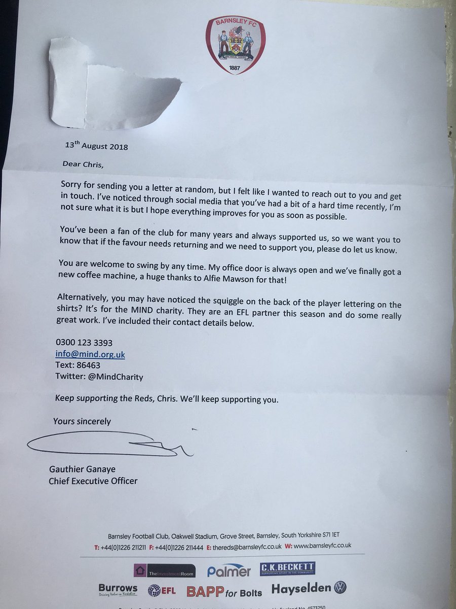 Jeremy Vine | Here, on Insta & Facebook (@thejeremyvine) on Twitter photo I LOVE this so much. The CEO of <a href="/BarnsleyFC/">Barnsley FC</a>, <a href="/GGanaye/">Gauthier GANAYE</a>, sends a letter of support out of the blue to a fan who he has seen, on social media, is suffering from depression.
(via <a href="/johnmyersteam/">Linda John Myers</a>, <a href="/ProD_Soccer/">Pro:Direct Soccer</a>) I LOVE this so much. The CEO of <a href="/BarnsleyFC/">Barnsley FC</a>, <a href="/GGanaye/">Gauthier GANAYE</a>, sends a letter of support out of the blue to a fan who he has seen, on social media, is suffering from depression.
(via <a href="/johnmyersteam/">Linda John Myers</a>, <a href="/ProD_Soccer/">Pro:Direct Soccer</a>)