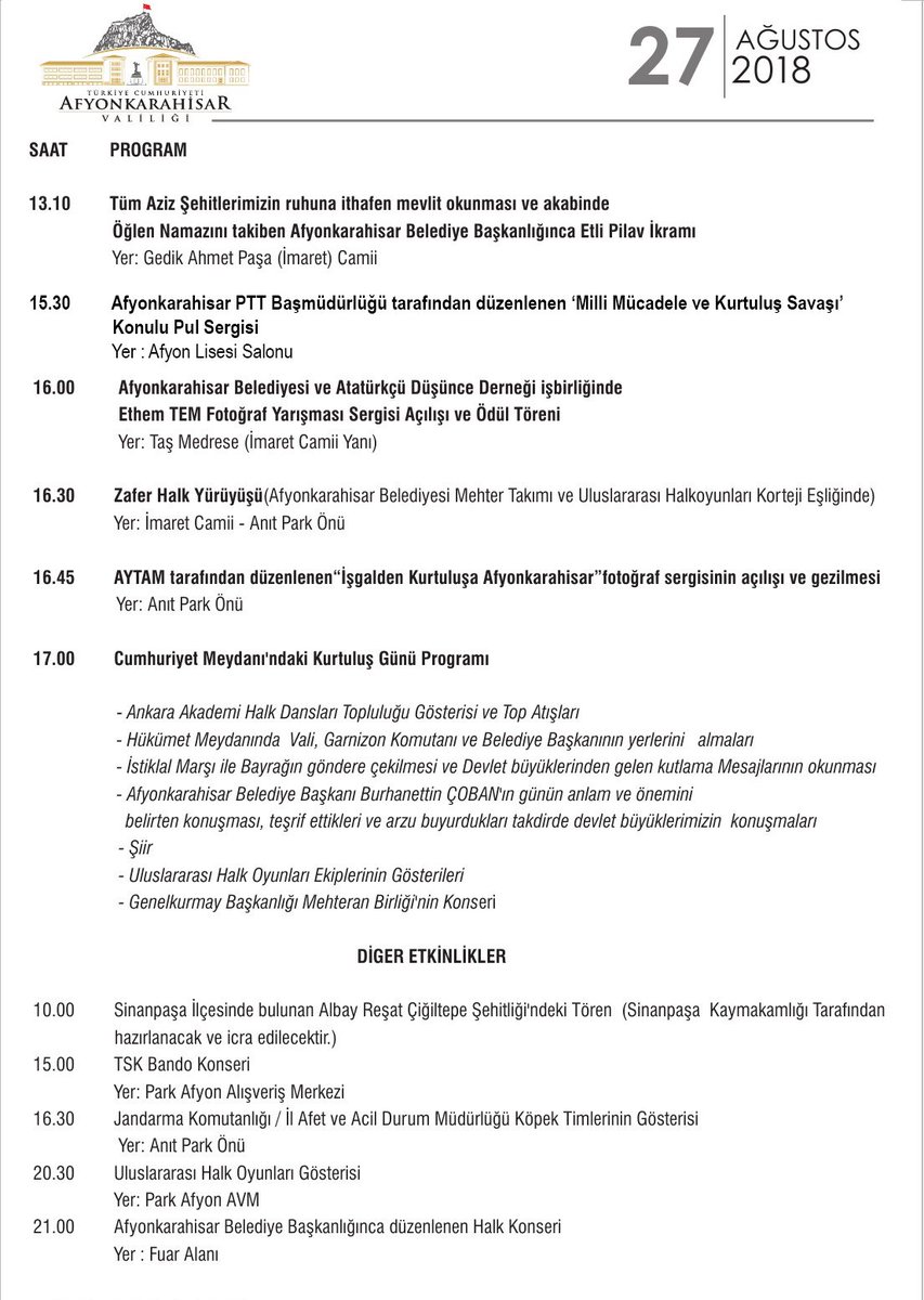 Bu şehri asıl değerli kılan, topraklarında ülkemizin bağımsızlık savaşının kazanıldığı, düşmanın bozguna uğratıldığı, yeni bir tarihin yazıldığı yer olması. Kurtuluş Savaşının sembol şehri Afyonkarahisar 27 Ağustos’ta düşman işgalinden kurtuluşunu kutluyor.  #afyonkarahisar