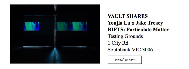 rachmarsden's tweet image. Thanks to Jake Treacy for his intuitive words on Youjia Lu&apos;s new works, recently included as part of &apos;RIFTS: Particulate Matter&apos;, a project I co-curated with @kashkohler at Testing Grounds, Melbourne last month for @acp_projects @vca_mcm @unimelb...
vaultart.com.au/ISS23/upfront/…