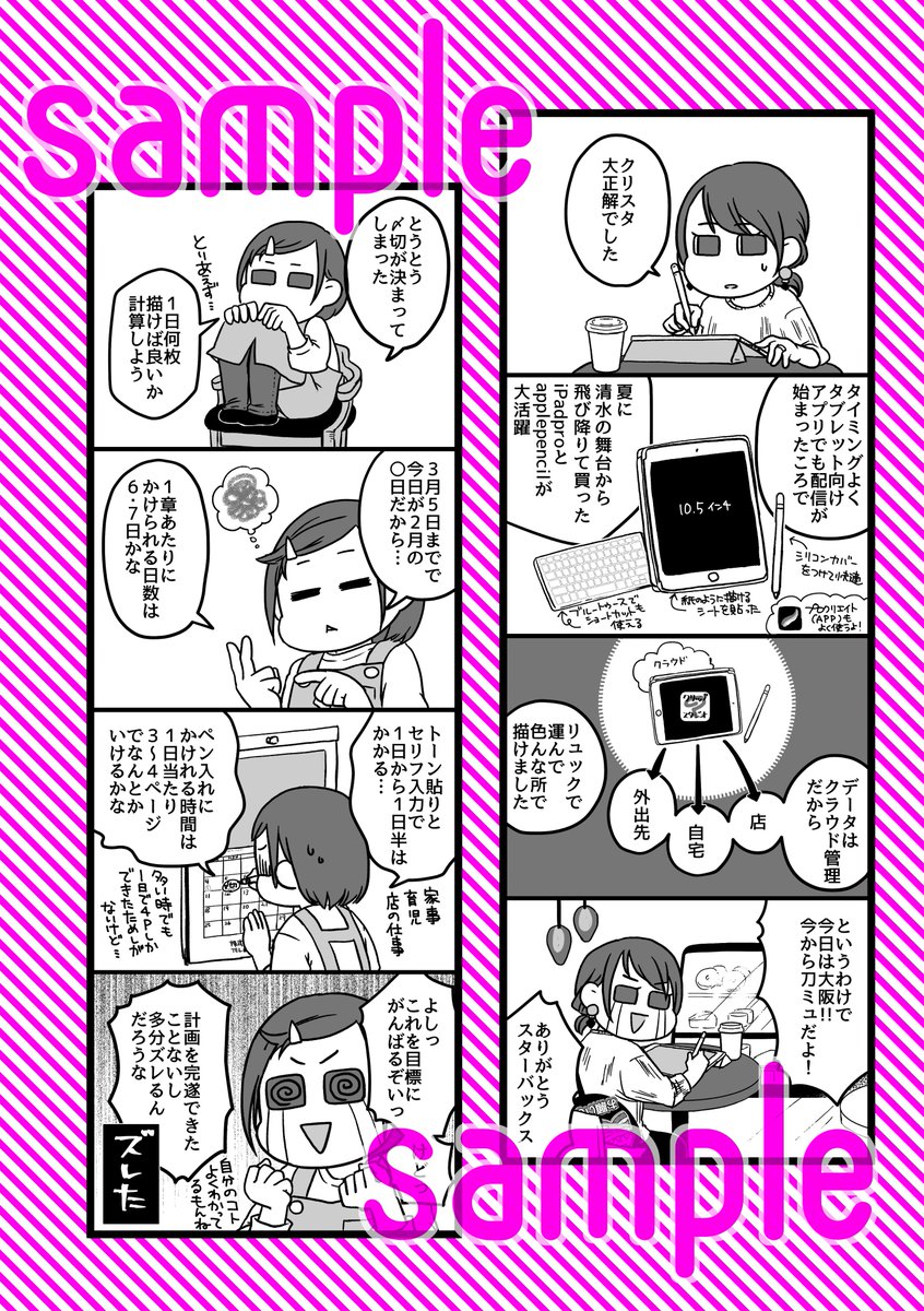 こんな感じの四コマがつらつらと…。四コマだとコマが決まってるからサクッと書けるやろ!と思ったのに。確かにネームは早かったけど作画にクッソ時間がかかるじゃねーのあーん?