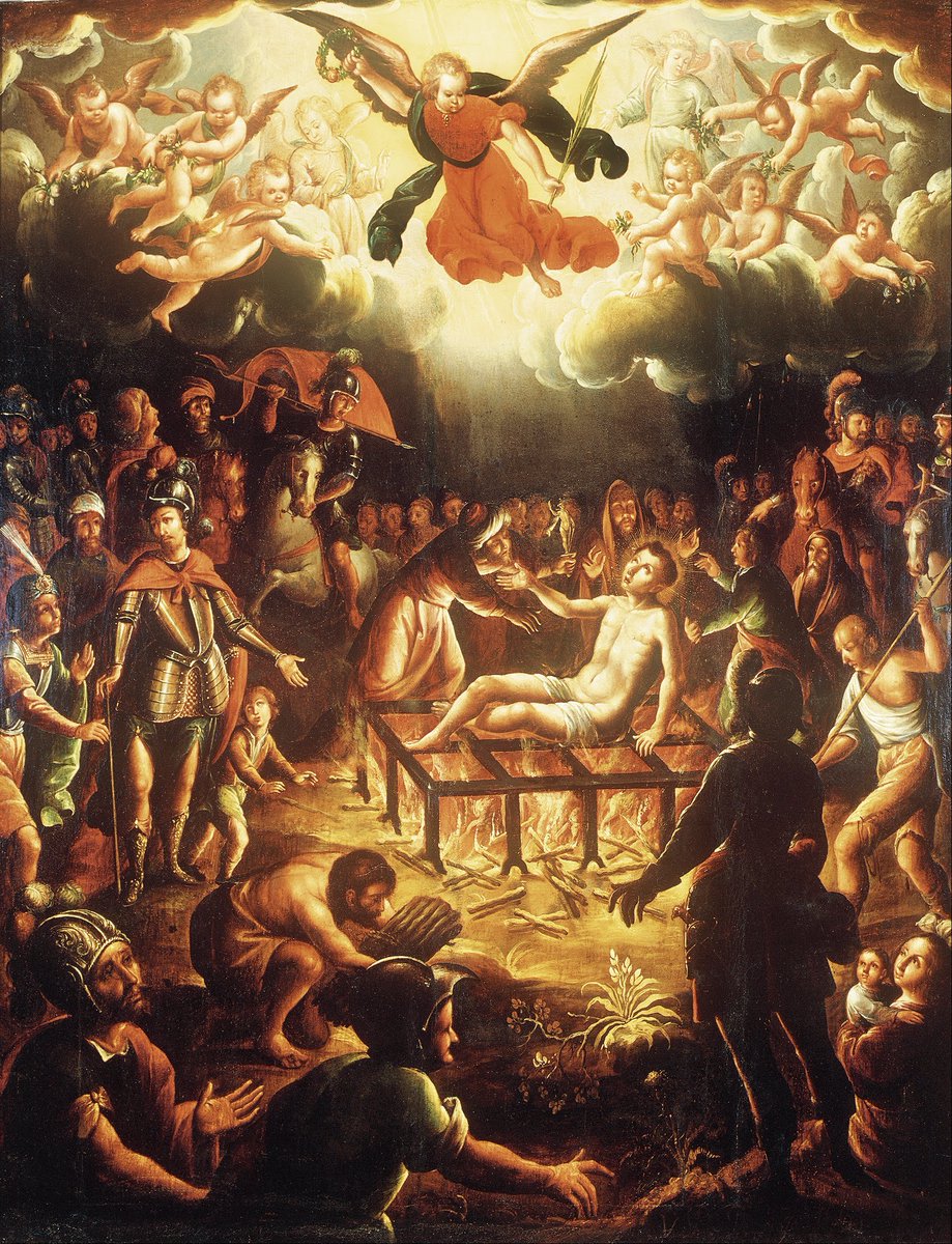 qikipedia's tweet photo. According to the legend, while being roasted alive on a gridiron, Saint Lawrence said to his persecutors, ‘This side is done, turn me over’. He is considered the patron saint of cooks and comedians. https://t.co/qYkcF8VBmo