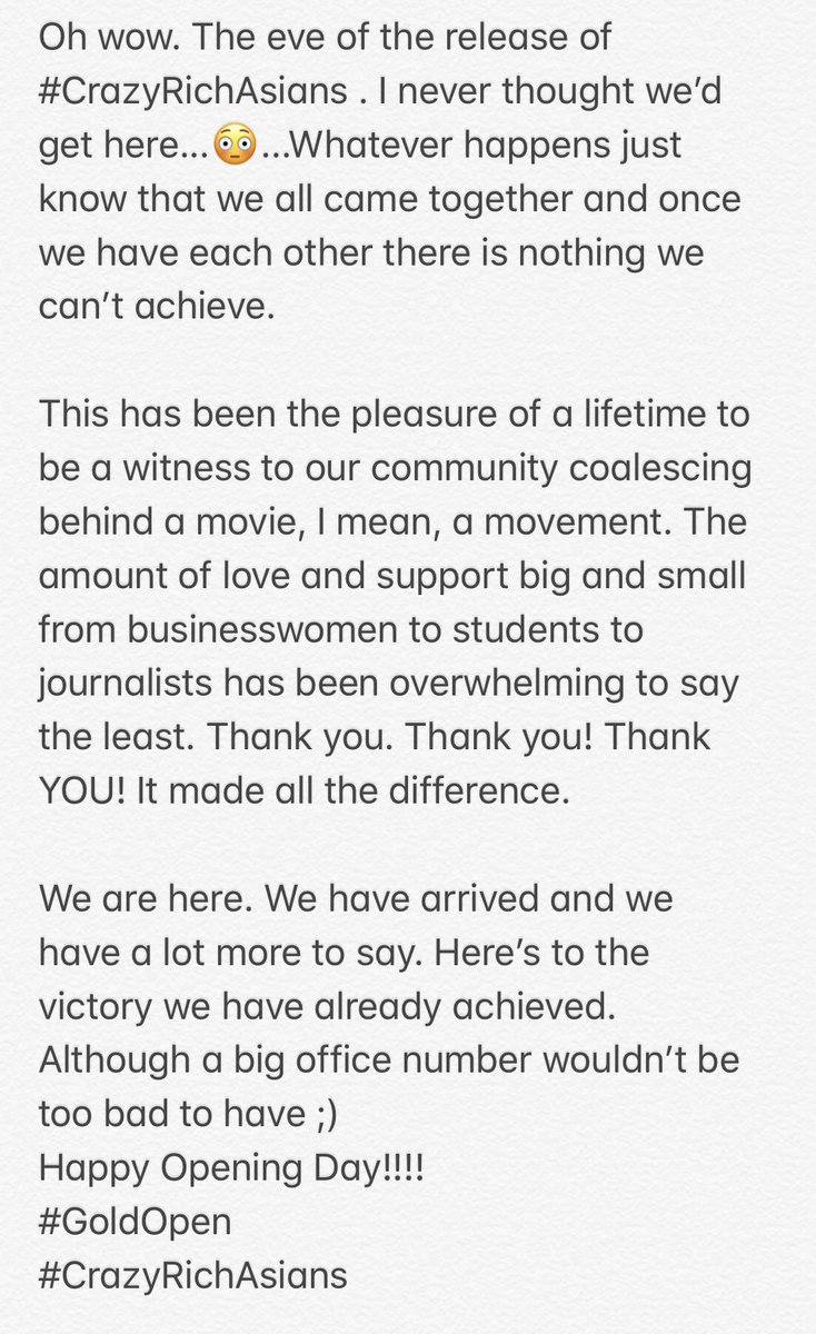 jonmchu's tweet image. Oh wow. The eve of the release of #CrazyRichAsians . I never thought we’d get here...😳...Whatever happens just know that we all came together and once we have each other there is nothing we can’t achieve... #GoldOpen