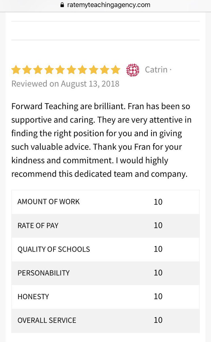 ForwardTeachin's tweet photo. Another 10/10 review for Forward Teaching #teachingagency #ForwardTeaching #london #ukedchat #Bromley https://t.co/BBVqZ9Iiix