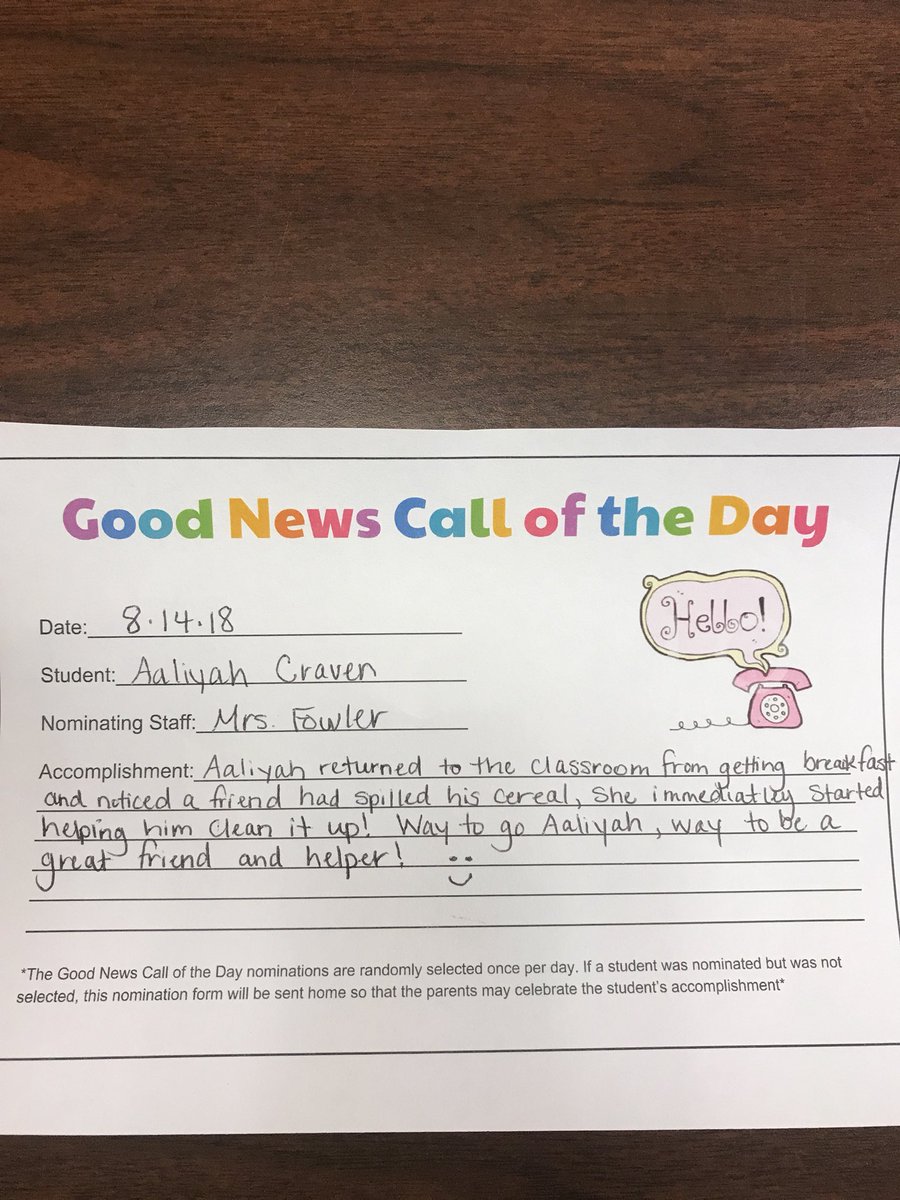 Aaliyah Craven helped a friend clean up his spill from breakfast. She is our Good News Call of the Day! @FloydCoSchools #GoodNewsCallOfTheDay #lovebluelivegold