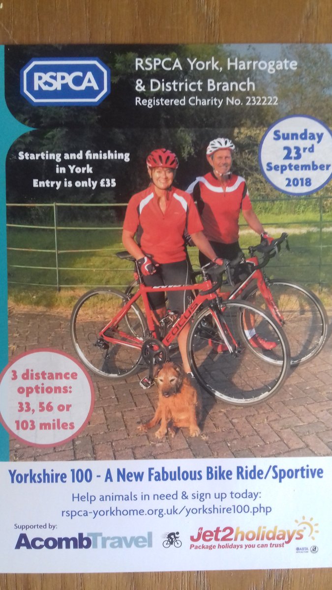 It's #CycleToWorkDay today - did U #cycle to work? Do U like to cycle at a weekend?
Have U seen our brand new bike ride from #York on 23/9? 
3 distances: c33/56/103miles - entry only £35 via bit.ly/2CWBTxJ
Ride &amp; help #animals in need 🐾
#cycling #sportive #Yorkshire100