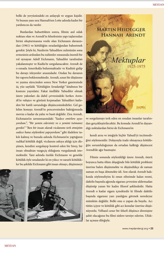 Rabia Gün kardeşimiz bu sayıda Hannah Arendt filmini tanıttı... Kalemine sağlık ...