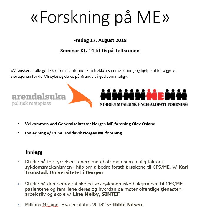 "Forskning på ME" #Arendalsuka Hør Line Melby holde innlegg om den demografiske og sosioøkonomiske bakgrunnen til ME-pas og familiene deres - og hvordan de møter off tjenester, arb.liv og skole, fredag 17/8, kl. 14. arendalsuka.no/event/user-vie…