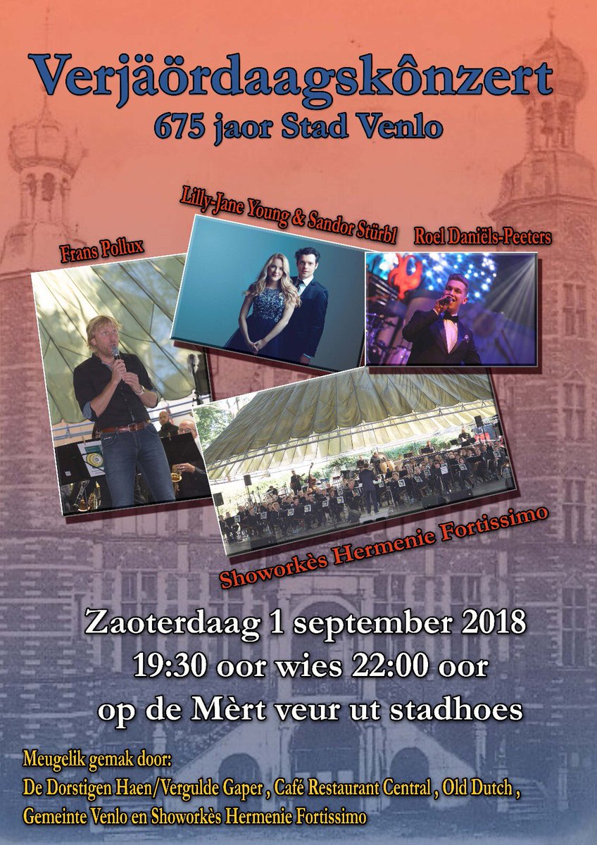 Zaoterdaag 1 september: De verjeurdaag van de Stad Venlo meide meugelijk gemak door o.a. @FortissimoVenlo, <a href="/olddutchvenlo/">Old Dutch</a>, <a href="/centralvenlo/">Café Central</a>, in d’n Dorstigen Haen en <a href="/gemeentevenlo/">Gemeente Venlo</a>. Zörg det ge d’r beej ziet!!