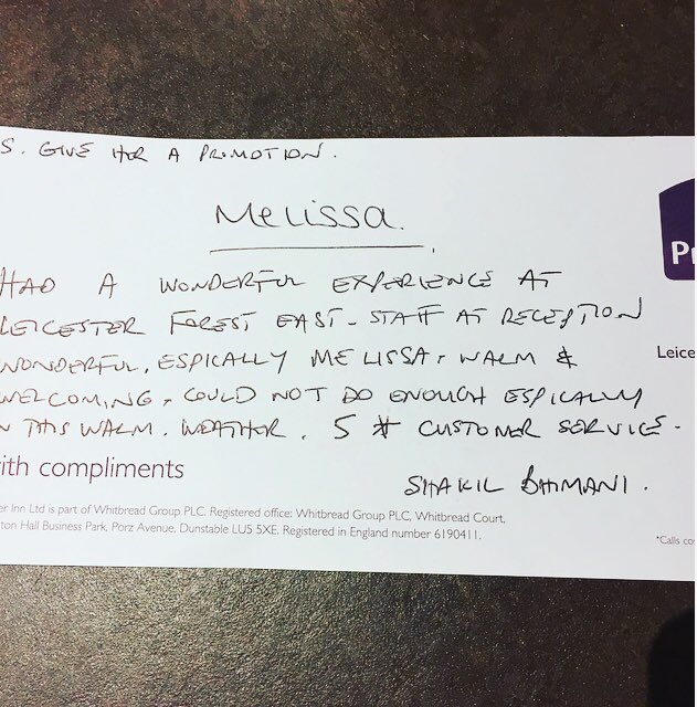 Great written feedback for our amazing receptionist Melissa 💁🏼‍♀️🤩 #worldclassservice #premierinnsuperstar  @wanny_8 @SDEBDD @NewboldElaine