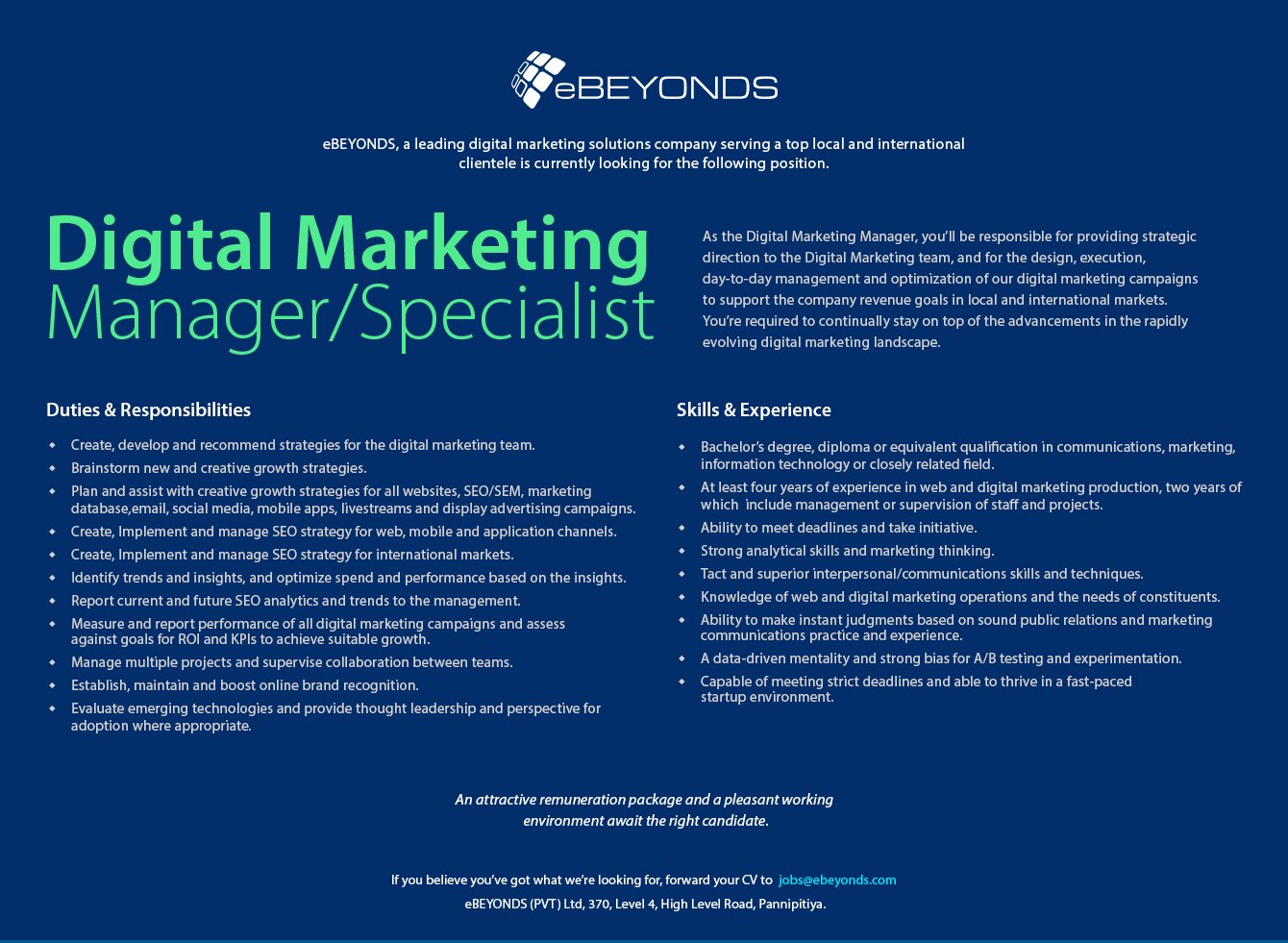 eBEYONDS on Twitter: "If you're a highly talented and experienced digital  marketing professional with outstanding leadership skills, we'd like to get  you onboard as a Digital Marketing Specialist / Manager. Please forward
