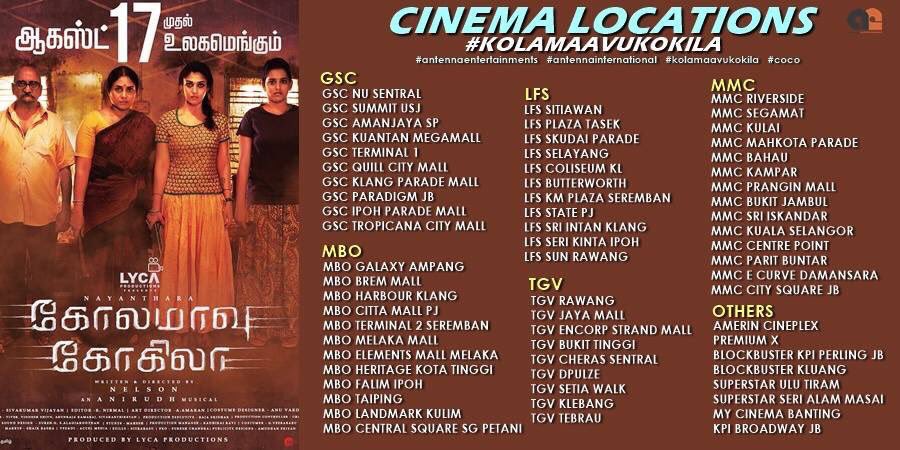 NayantharaLive's tweet photo. #Coco #Malaysia🇲🇾 Theatre Listing🤟
Screening at all Major cities! Mass💥
#Neenga Vaanga Thalaivi 💪
LadySuperStar #Nayanthara
#KolamaavuKokila #CocoKokila
Worldwide Release 17th August
#CoCoFromAug17th 👍 https://t.co/sW5mVzLYSw