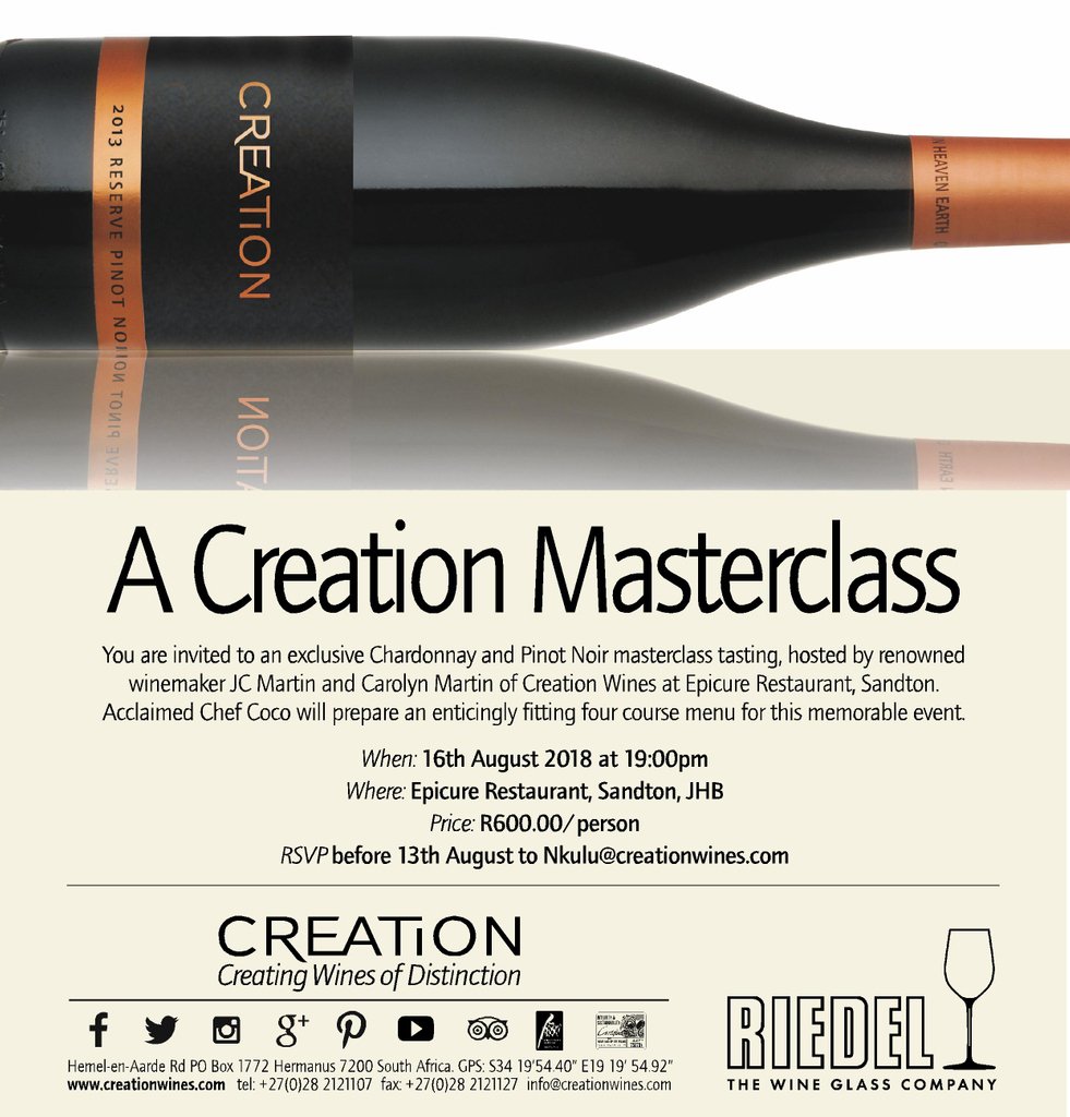 Join us for the Creation Masterclass on 16 August at 7pm at  <a href="/epicuresandton/">epicuresandton</a>!  

#wine #masterclass #pinotnoir #chardonnay #creationwines #exclusivetasting #winetasting #foodandwinepairing #lovecreationwines #creationnation