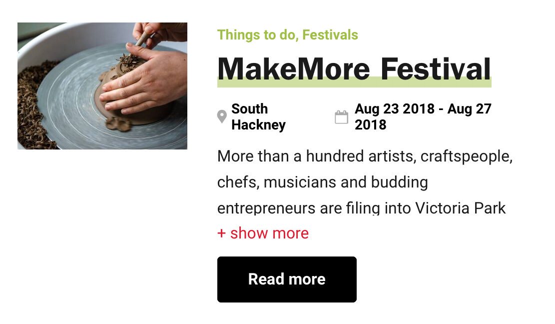 The incredible <a href="/MAKEMOREfest/">MAKEMORE</a> is one of <a href="/TimeOutLondon/">Time Out London</a>’s Top Things To Do In London this August bank holiday! Come on Friday 24th or Sunday 26th to catch our variety sensation, THE NIGHT, included in the price of your day ticket!
timeout.com/london/things-…