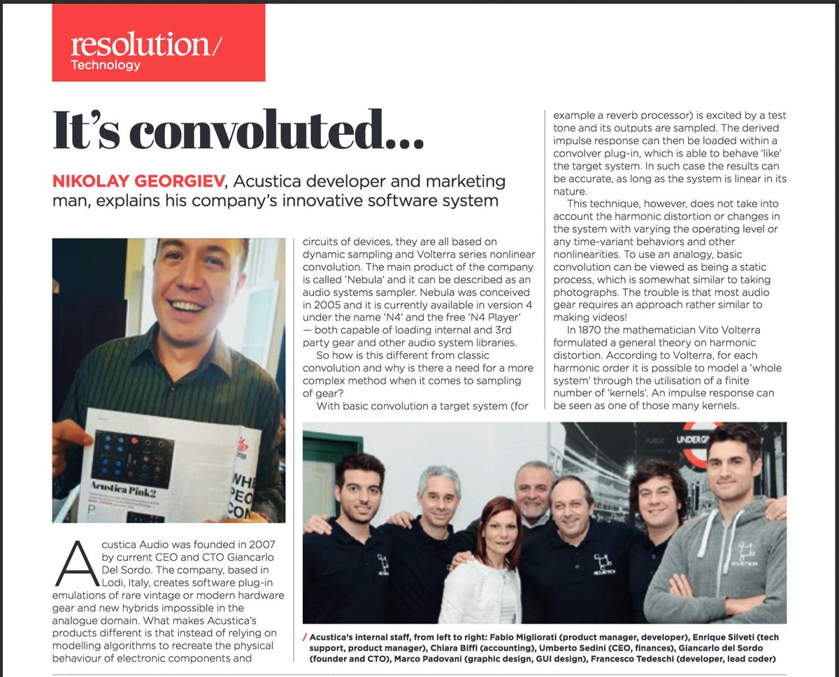 nik_georgiev's tweet photo. Yes! I am super excited to have this article I wrote about Acustica Audio's tech to be published in this month's issue of @ResolutionMagaz. A good read on Volterra series nonlinear convolution, how Acustica's plug-in are made and work, and gear in general. https://t.co/R4NeCAopnm https://t.co/n9lgA4DPU2