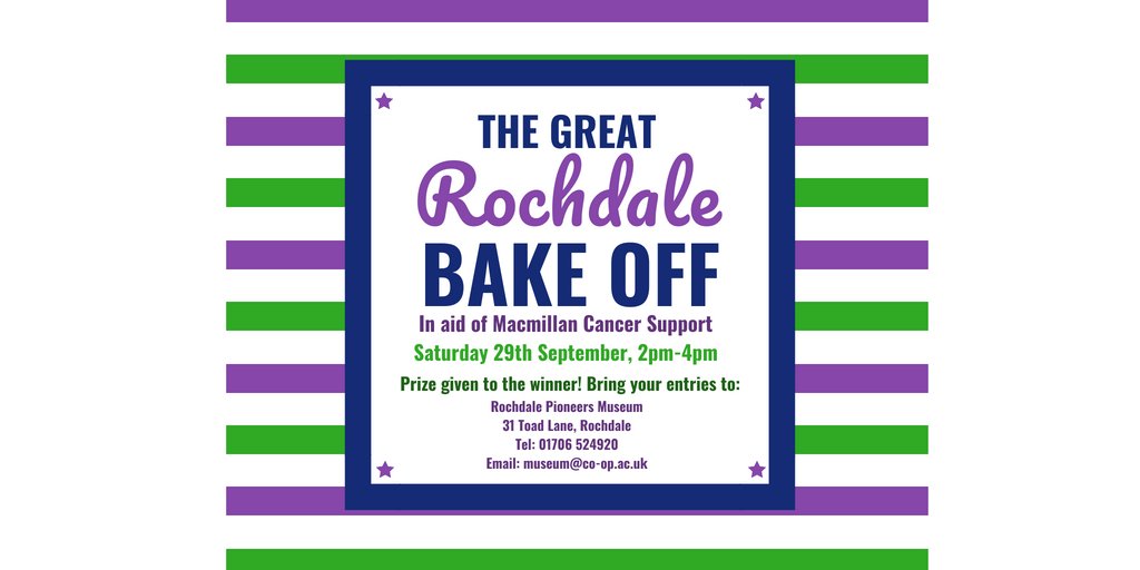 We're launching #TheGreatRochdaleBakeOff today. The entries will be judged at our Macmillan Coffee Afternoon on Sat 29th September, 2-4pm. The winner will get a prize! Get in touch with the museum to find out more about how to enter.