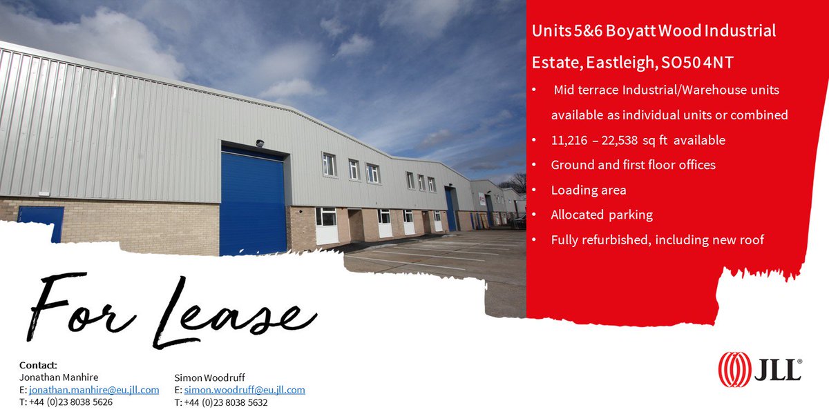N_SFrancis's tweet photo. JLL are pleased to present Units 5&amp;6 Boyatt Wood, Eastleigh. Mid Terrace #Industrial/#Warehouse units available as individual units or combined. Please contact #JLL #Southampton for more information on +44 (0) 238 023 2882 and speak to Simon Woodruff or Jonathan Manhire. https://t.co/mH8UXKOBiI